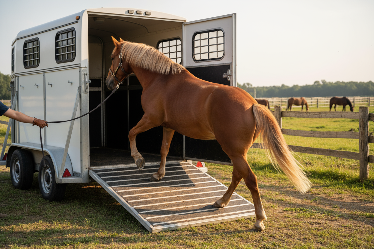 gör så det ser ut som hästen går in i släpet